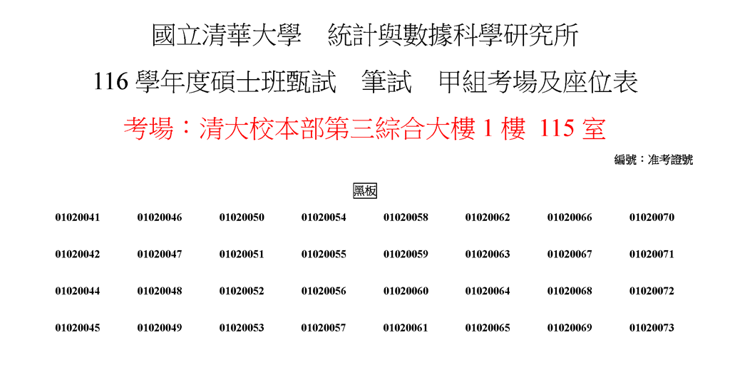 116學年度碩士班甄試筆試考場及座位表2