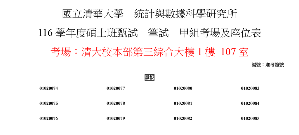 116學年度碩士班甄試筆試考場及座位表3