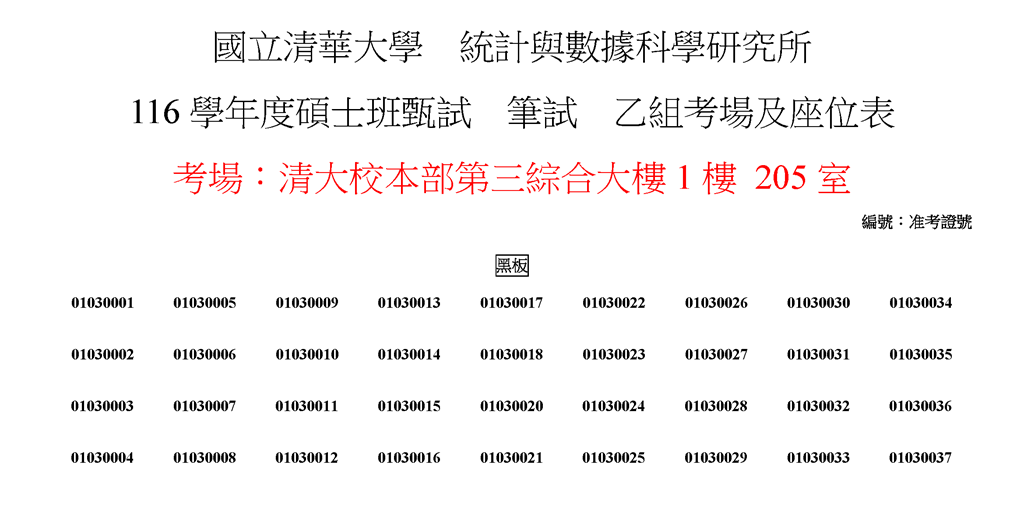 116學年度碩士班甄試筆試考場及座位表4